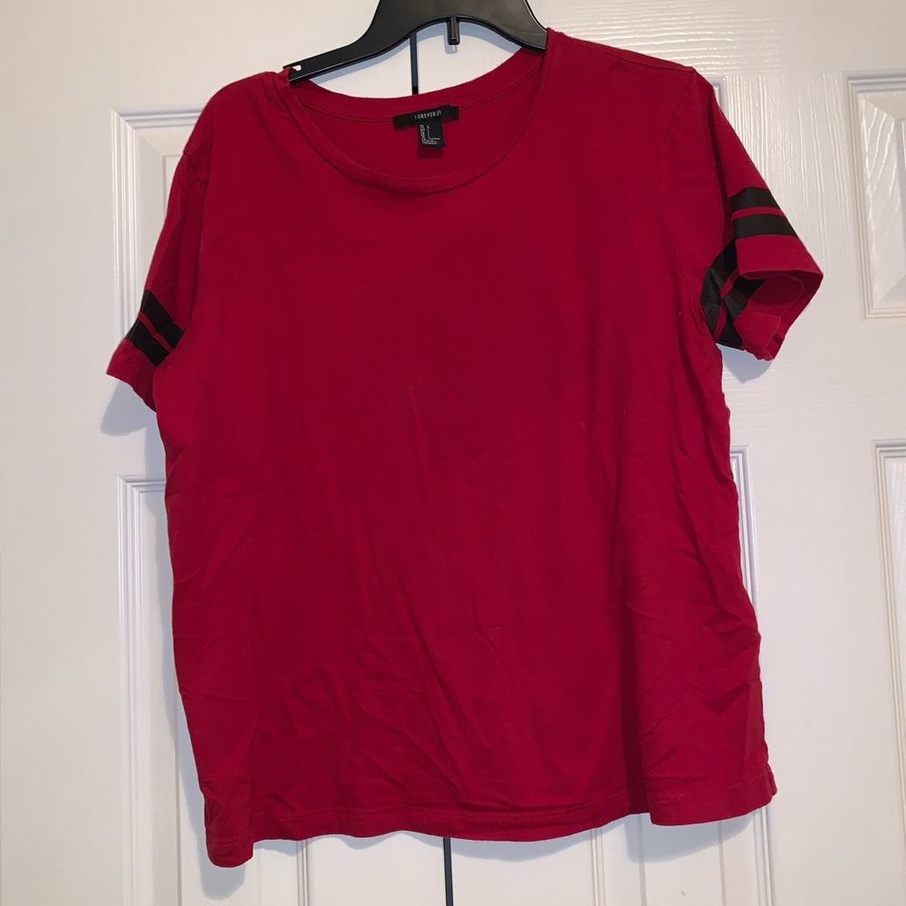Forever 21 Red Tee with Black Sleeve Stripes